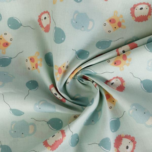 Baumwolldruck Tiger, Elefant, Giraffe mit Luftballons auf Mint